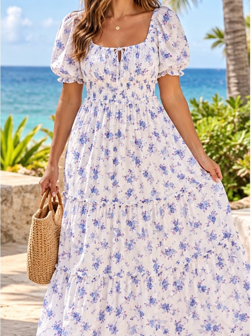 LoveShackFancy x Target White Maxi Dress with Blue Floral Print size L